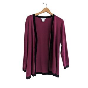 Misook Open Front Knit Cardigan Burgundy Black Trim